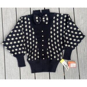 Vintage Clovis Ruffin Knit Sweater S Black Polka Dot Batwing Bow NOS NWT